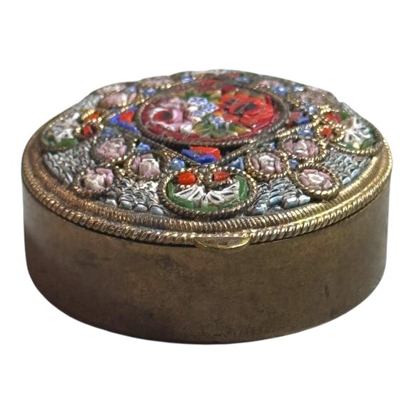 FAP Antique Rare Fabbrica Angelo Pessar Micro Mosaic Glas Trinket Pill Box Brass - Picture 1 of 8